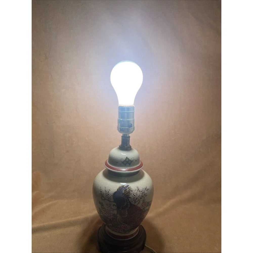 Vintage Chinese Hand painted Ceramic Lamp Peacock Wooden Base Oriental Lamp Work